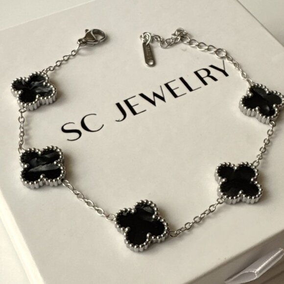 Black MOP Clover Bracelet Silver Tone Chain Stainless Steel - Picture 1 of 10